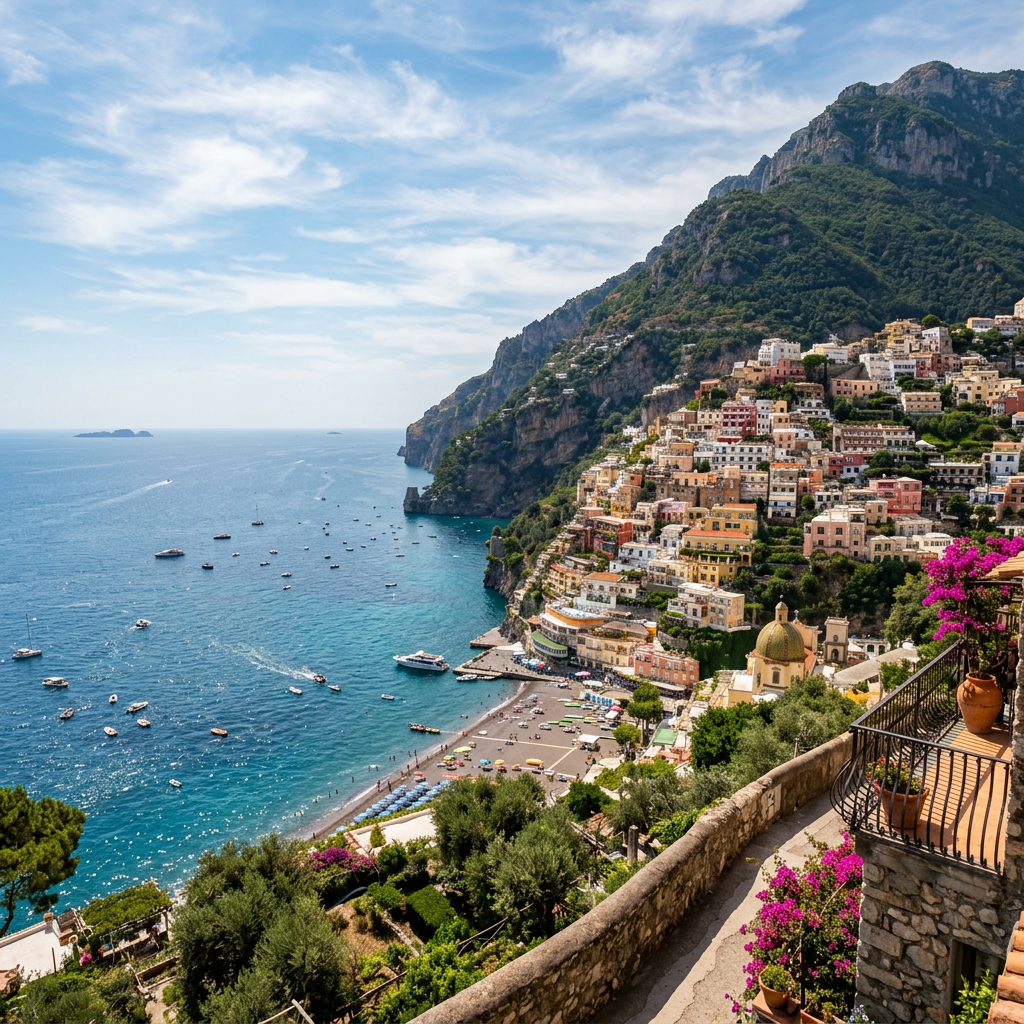 Coastal village with colorful buildings on steep hill overlooking blue sea with boats and beach